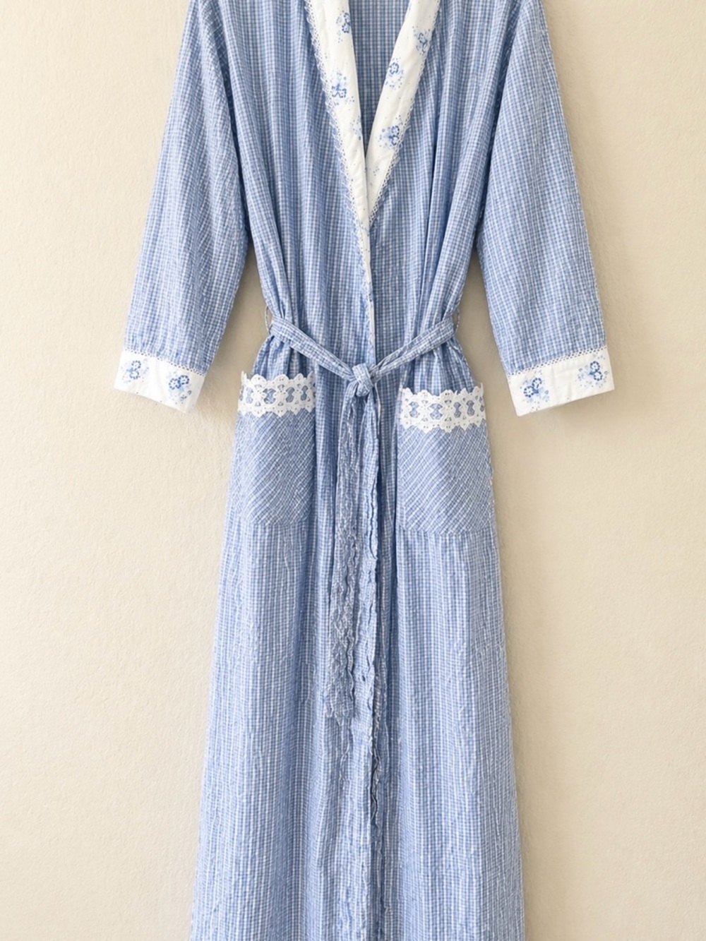 Vintage Aria Blue Plaid Cotton Robe Floral Lace Trim Hong Kong M Shabby Chic